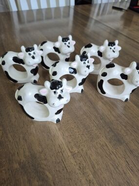 Whimsical Cow Napkin Ring Set - Black & White Ceramic